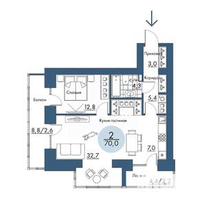 2-к квартира, строящийся дом, 70м2, 17/17 этаж