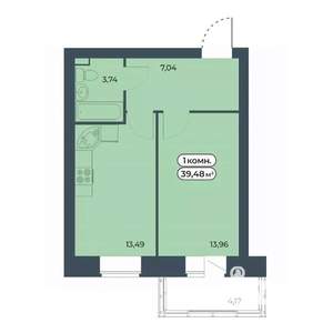 1-к квартира, строящийся дом, 39м2, 3/9 этаж