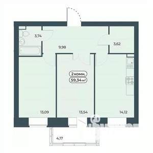 2-к квартира, строящийся дом, 59м2, 3/9 этаж