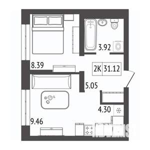 2-к квартира, строящийся дом, 31м2, 9/17 этаж