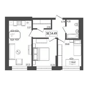 3-к квартира, строящийся дом, 54м2, 4/17 этаж