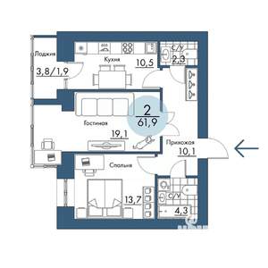 2-к квартира, строящийся дом, 62м2, 3/17 этаж