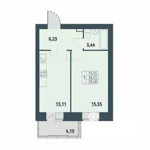 1-к квартира, строящийся дом, 39м2, 5/9 этаж