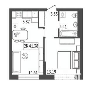 2-к квартира, строящийся дом, 41м2, 12/17 этаж