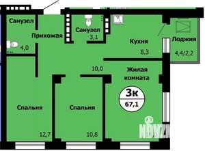 3-к квартира, строящийся дом, 68м2, 23/24 этаж