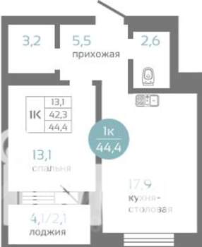 1-к квартира, строящийся дом, 44м2, 17/19 этаж