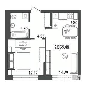 2-к квартира, строящийся дом, 39м2, 6/17 этаж