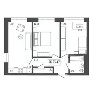 3-к квартира, строящийся дом, 53м2, 16/17 этаж
