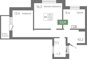 2-к квартира, вторичка, 54м2, 8/19 этаж