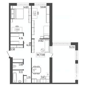 3-к квартира, строящийся дом, 78м2, 6/17 этаж