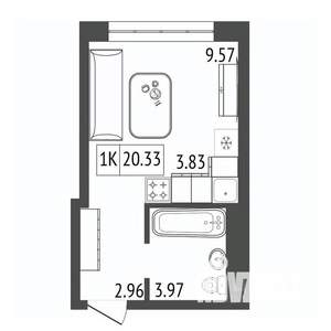 1-к квартира, строящийся дом, 20м2, 15/17 этаж