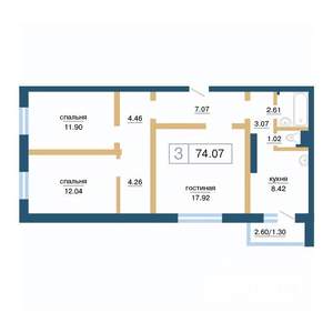 3-к квартира, строящийся дом, 74м2, 3/17 этаж