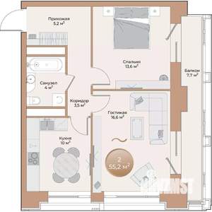 2-к квартира, строящийся дом, 55м2, 5/24 этаж
