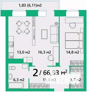 2-к квартира, строящийся дом, 67м2, 4/9 этаж