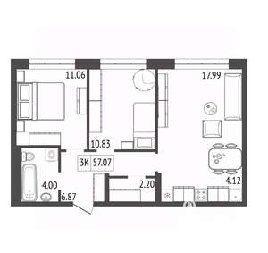 3-к квартира, вторичка, 57м2, 6/17 этаж