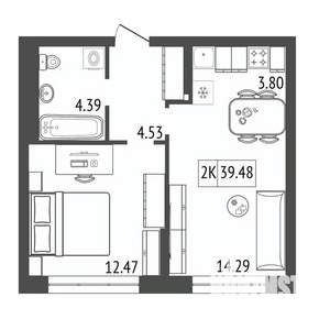 2-к квартира, вторичка, 39м2, 8/17 этаж