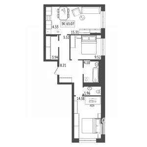 3-к квартира, строящийся дом, 65м2, 15/17 этаж