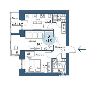 2-к квартира, строящийся дом, 62м2, 9/17 этаж