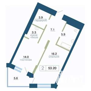 2-к квартира, строящийся дом, 53м2, 16/24 этаж