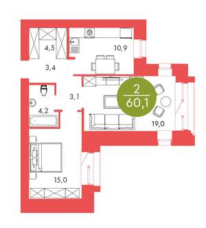 2-к квартира, строящийся дом, 60м2, 8/17 этаж