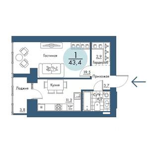 1-к квартира, вторичка, 43м2, 3/17 этаж