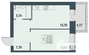 1-к квартира, строящийся дом, 39м2, 3/9 этаж