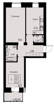 2-к квартира, строящийся дом, 62м2, 3/8 этаж