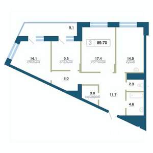 3-к квартира, строящийся дом, 90м2, 7/24 этаж