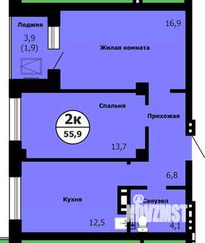 2-к квартира, строящийся дом, 56м2, 6/26 этаж
