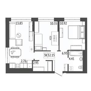 3-к квартира, строящийся дом, 52м2, 16/17 этаж