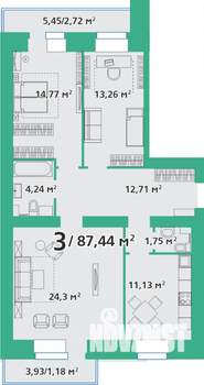 3-к квартира, строящийся дом, 88м2, 2/9 этаж
