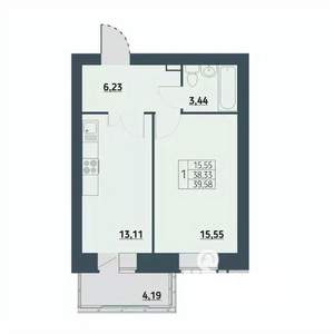 1-к квартира, строящийся дом, 40м2, 2/9 этаж