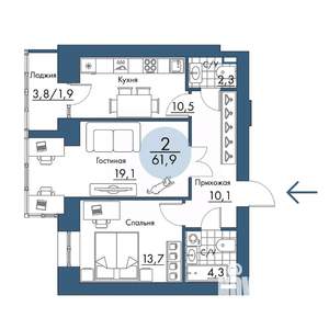 2-к квартира, строящийся дом, 62м2, 8/17 этаж