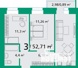 3-к квартира, строящийся дом, 53м2, 1/8 этаж
