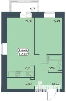 2-к квартира, вторичка, 61м2, 1/9 этаж