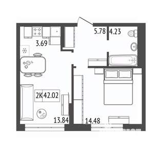 2-к квартира, вторичка, 42м2, 17/17 этаж