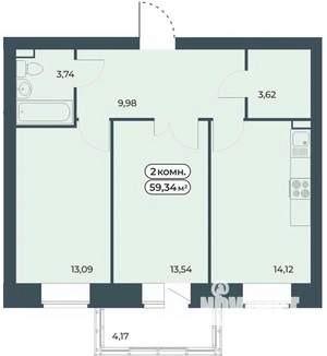 2-к квартира, строящийся дом, 59м2, 6/9 этаж