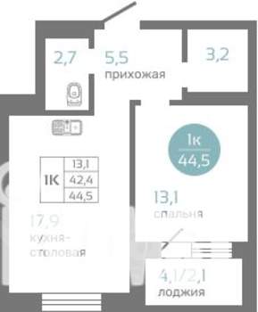 1-к квартира, строящийся дом, 45м2, 6/19 этаж