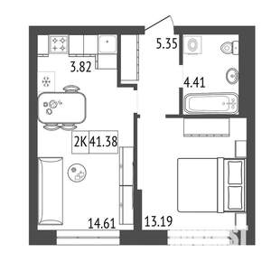 2-к квартира, строящийся дом, 41м2, 8/17 этаж