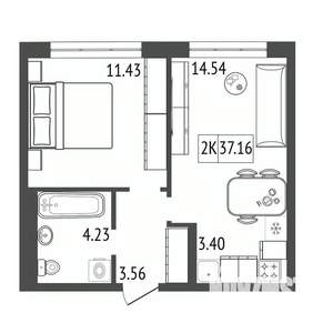 2-к квартира, строящийся дом, 37м2, 11/17 этаж