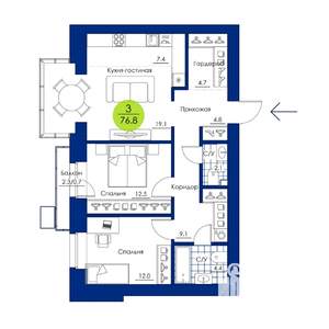 3-к квартира, вторичка, 77м2, 15/17 этаж