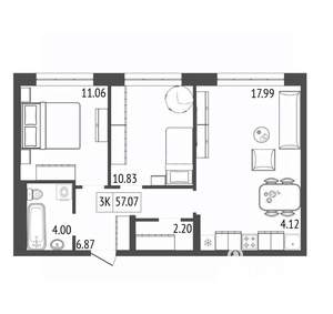 3-к квартира, вторичка, 57м2, 13/17 этаж