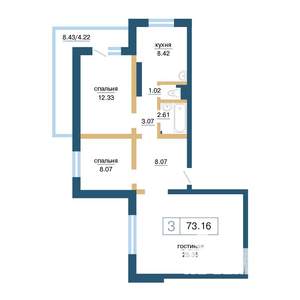 3-к квартира, строящийся дом, 73м2, 2/17 этаж
