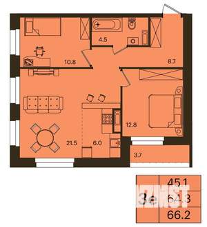 3-к квартира, строящийся дом, 66м2, 5/16 этаж