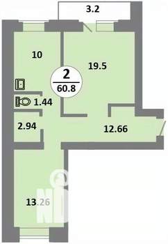 2-к квартира, строящийся дом, 61м2, 6/14 этаж