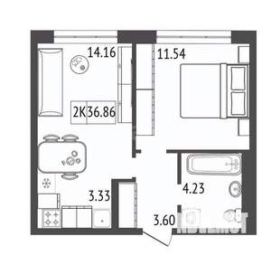 2-к квартира, вторичка, 37м2, 12/17 этаж