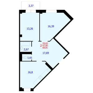 2-к квартира, строящийся дом, 69м2, 9/9 этаж