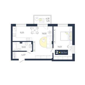 2-к квартира, строящийся дом, 59м2, 1/5 этаж