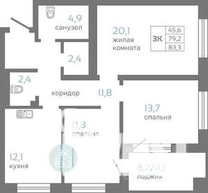 3-к квартира, строящийся дом, 83м2, 2/19 этаж