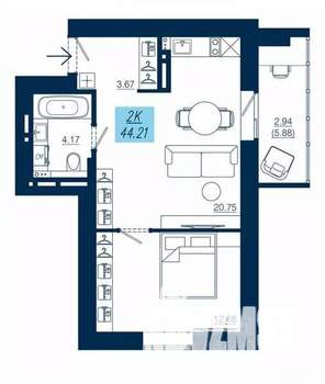 2-к квартира, вторичка, 44м2, 19/19 этаж